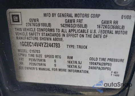 2000 Chevrolet Silverado 1500 Ls z USA, uszkodzony, nr VIN 1GCEC14V4YZ244783